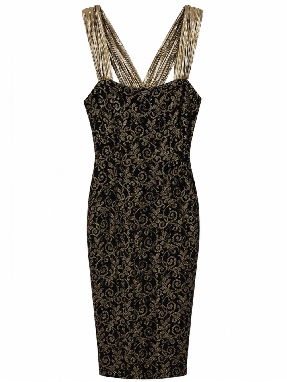 JS Collections Black Dress with Gold Lace-Effect and Metallic Gold Straps